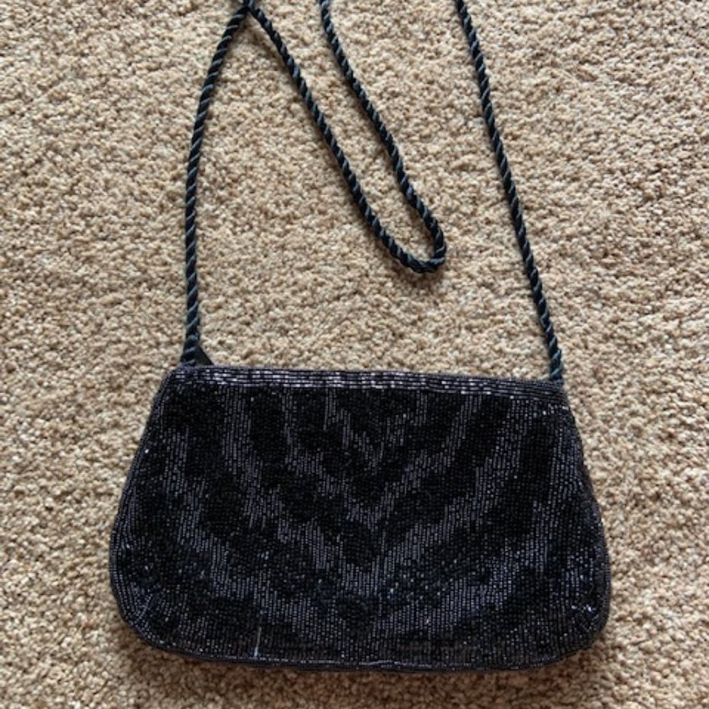 9” x 5” black beaded sequin evening purse with shoulder strap